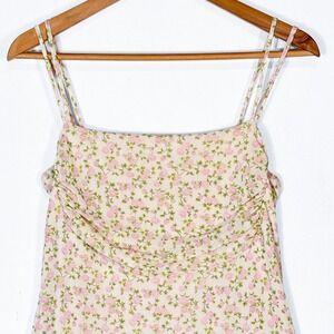 See You Monday Dress Womens XL Ivory Pink Floral Mesh‎ Sheer Maxi Y2K Draped